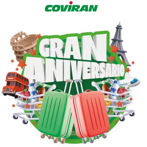 🎉🛒 ¡Celebra el aniversario de Coviran y gana 15 carros de productos y 2 viajes dobles! ✈️🎁 (Sorteo por compra)