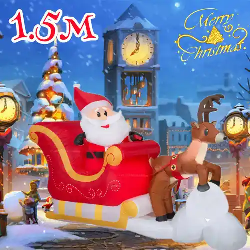 Muñeco de nieve inflable de Navidad, remolque de ciervo, modelo de Santa Claus con luces LED, accesorios de decoración de jardín para patio al aire libre, 1,5 M/5 pies