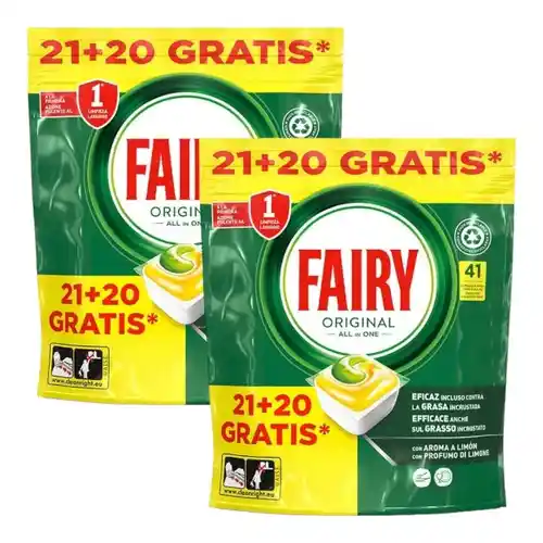 19,99€ | Fairy Original Todo En Uno - Pack de 2 Bolsas de 41 Cápsulas para Lavavajillas (82 Cápsulas) - Elimina Grasa y Resequedad, Detergente con Aroma Limpio y Fresco