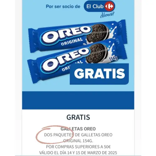 2 paquetes de galletas oreo gratis en Carrefour (por compras)