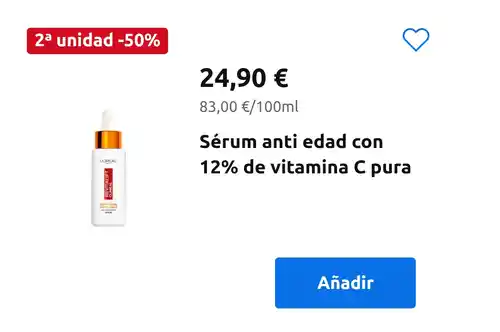 2ª unidad 50% Sérum anti edad con 12% de vitamina C pura + vitamina E + ácido salicílico Revitalift Clinical L'Oreal Paris 30 ml.
