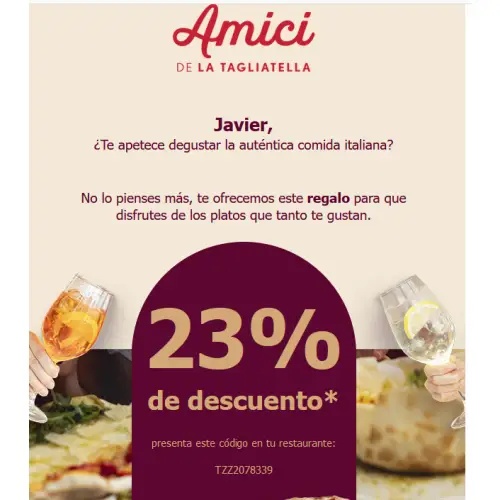 23% de descuento de lunes a Jueves en Tagliatella (código descuento)