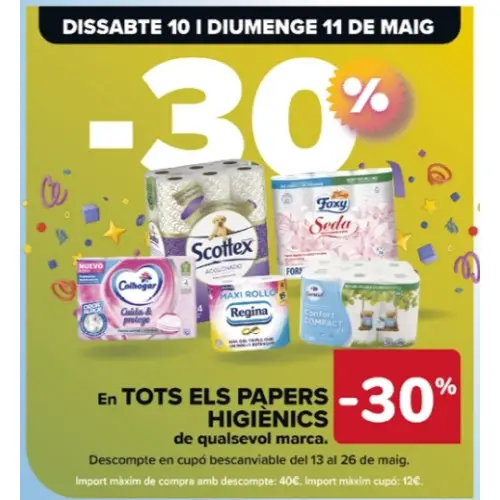 30% de descuento en todo el papel higiénico (solo 10 y 11 de mayo en Carrefour)