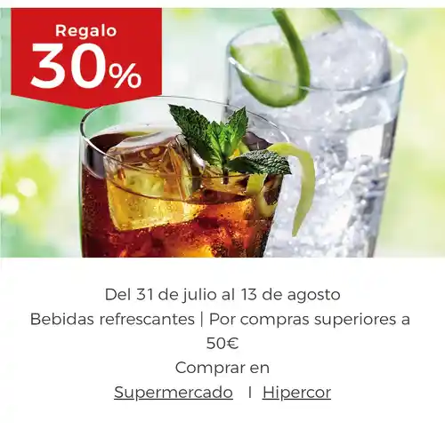 30% de regalo por compras superiores a 50€ en aguas, zumos y refrescos