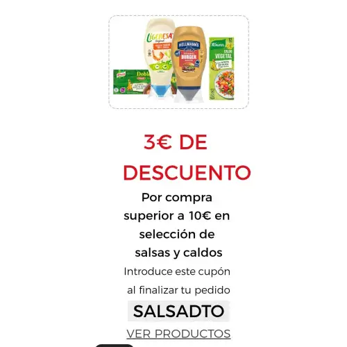 3€ DE DESCUENTO Por compra superior a 10€ en selección de salsas y caldos. (El Corte Inglés - Código descuento)