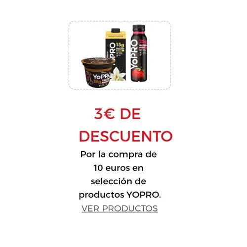 3€ DE DESCUENTO Por la compra de 10 euros en selección de productos YOPRO. Introduce este cupón al finalizar tu pedido  YOPRODTO