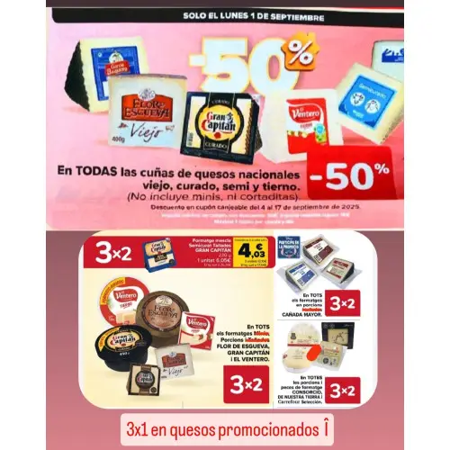 3x1 en quesos (solo 1/9 en Carrefour)