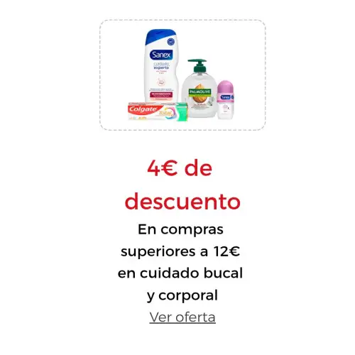 4€ de descuento En compras superiores a 12€ en cuidado bucal y corporal. Introduce este cupón al finalizar tu pedido  COLGATEDTO