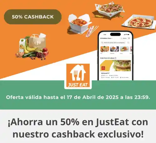 (Último día) Comida GRATIS: ¡50% cashback en Just Eat + 10€ de regalo por registrarte!