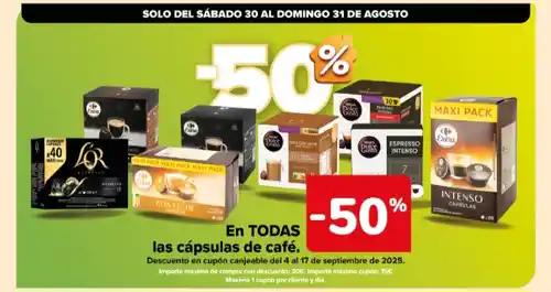 50% de descuento en cápsulas de café (Carrefour 30 y 31/8)
