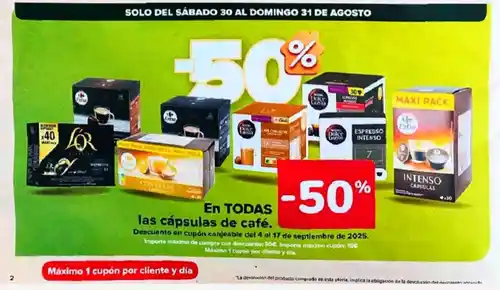50% de descuento en cápsulas de café (Carrefour 30 y 31/8)