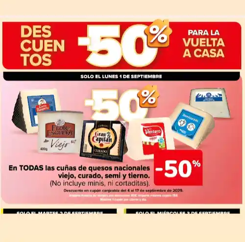 50% de descuento en queso (Hipermercados Carrefour, solo el 1/9)