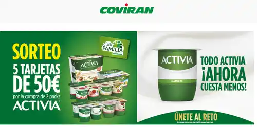 ¡50€ para gastar en Covirán! Participa en el sorteo de Activia y gana una de las 5 tarjetas regalo. (sorteo por compra)