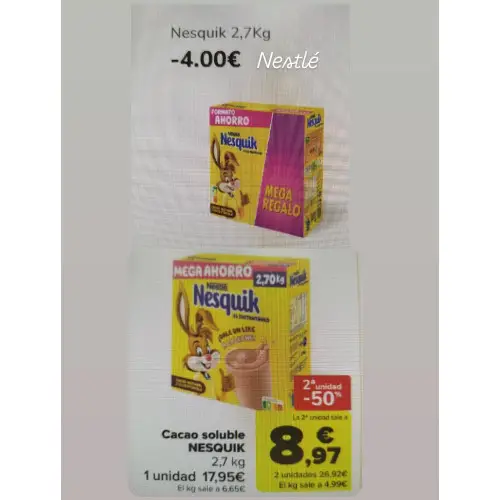 5,4kg de Nesquik por 22,92€ en Carrefour con cupones Nestlé