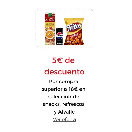 5€ de descuento Por compra superior a 18€ en selección de snacks, refrescos y Alvalle (El Corte Inglés)