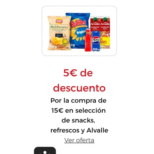 5€ DE DESCUENTO Por la compra de 15€ en selección de snacks, refrescos y Alvalle Introduce este cupón al finalizar tu pedido  PEPSICODTO