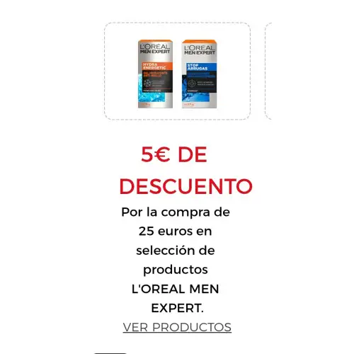 5€ DE DESCUENTO Por la compra de 25 euros en selección de productos L'OREAL MEN EXPERT. Introduce este cupón al finalizar tu pedido  MENDTO