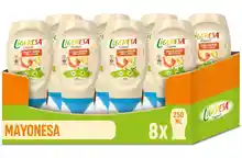 8 botes de Mayonesa Ligeresa boca abajo 250ml