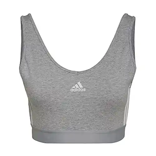 adidas Mujer Essentials 3-Stripes Crop Top with Removable Pads, Medium Grey Heather/White, L