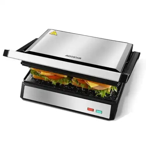 Aigostar Hett Pro - Parrilla Eléctrica, Grill, Sandwichera y Panini, 1500W. Placas Eco-Stone Antiadherentes.