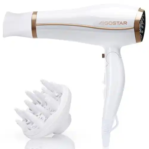 Aigostar Luna - Secador de pelo profesional de 2200 W con iones negativos. 2 velocidades, 3 niveles de temperatura + botón de aire frío. Mango plegable.