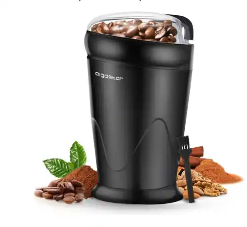 Aigostar Molinillo de Café Eléctrico, Molino Cafe Cereales con Cuchillas Acero Inoxidable, Capacidad 60gr con Cepillo para Limpieza, Tapa Transparente, Libre de BPA, Negro