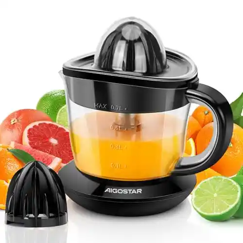 Aigostar Thomas - Exprimidor de Naranjas Electrico, 40W, 700 ml, Doble Sentido de Giro, Boquilla Antigoteo, 2 Conos Desmontablesy Cubierta Antipolvo, Negro