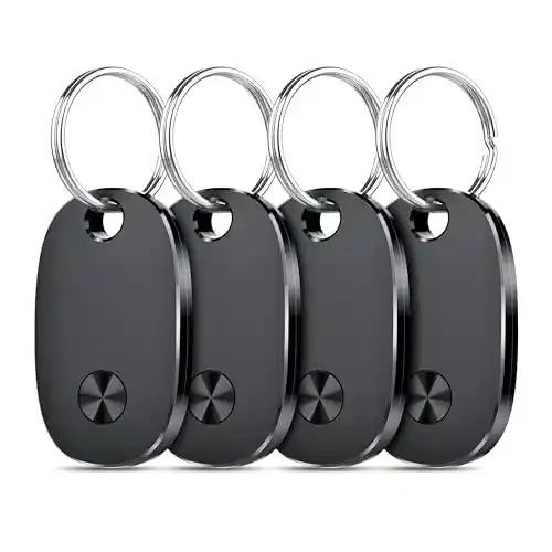 Pack de 4, Buscador de Objetos Bluetooth Funciona con Buscar Apple (Sólo iOS, Android NO Funciona) IP67 Impermeable, Batería Reemplazable, Localizador para Llaves, Equipaje