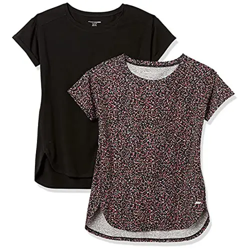 Amazon Essentials Camiseta Studio Ligera, Holgada y con Cuello Redondo (Disponible en Tallas Grandes) Mujer, Pack de 2, Negro Estampado de Confeti, XS