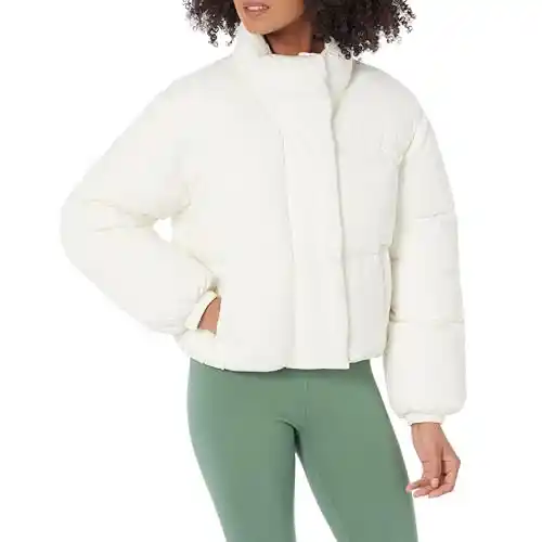 Amazon Essentials Chaqueta Acolchada y Recortada con Cremallera Completa (Acolchado Mate o Forro Polar) Mujer, Marrón Claro, T . L