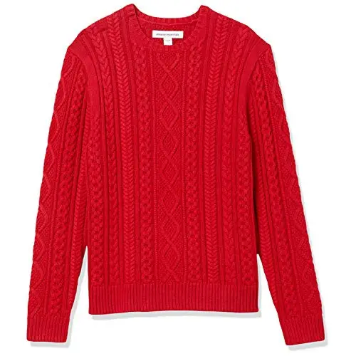 Amazon Essentials Jersey de Manga Larga 100% de Algodón con Trenzado Aran y Cuello Redondo Hombre, Rojo, M