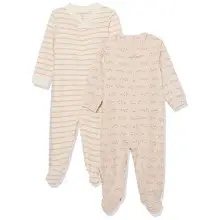 Amazon Essentials Pelele de algodón orgánico con pies para Dormir y Jugar (Anteriormente Amazon Aware) Unisex Bebés, Pack de 2, Beige Ratón/Blanco Rayas, Prematuro