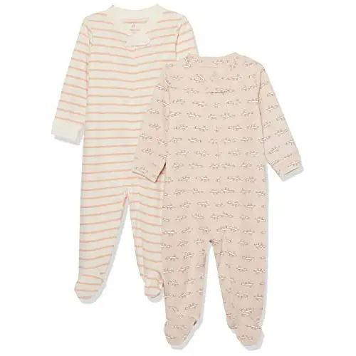 Amazon Essentials Pelele de algodón orgánico con pies para Dormir y Jugar (Anteriormente Amazon Aware) Unisex Bebés, Pack de 2, Beige Ratón/Blanco Rayas, Prematuro