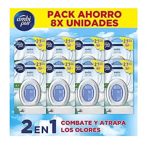 Ambipur Ambientador Para Baño 1 Pack (8 unidades x 50 dias) Fragancia Aroma A Limpio, Elimina y Previene De Malos Olores En El Cuarto De Baño, Mega Pack