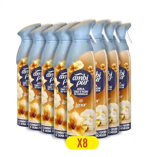 Ambipur Orquídea Dorada Ambientador En Spray 185ml x 8, Con Una Fragancia El Doble De Duradera Que Elimina Olores Y Deja Un Aroma Fresco Y Ligero