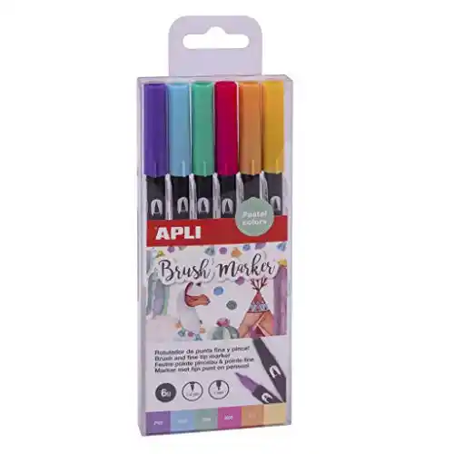 Pack de 6 rotuladores acuarelables en tonos pastel, de doble punta (redonda de 1 mm y pincel de 1-4 mm)