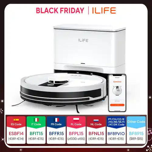Aspirador robot iLife A12 Pro con base de recogida de polvo.