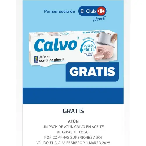 Atún Calvo gratis en Carrefour por compras superiores a 50€