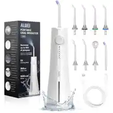 AUIEI Irrigador Dental, Irrigador Bucal Portatil Inalámbrico Profesional 8 Boquillas 5 Modos, USB Recargable Para Limpieza de Dientes, IPX7 Impermeable 300ML, Para Hogar y Viajes (Blanco)
