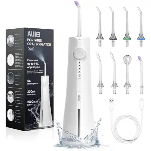 AUIEI Irrigador Dental, Irrigador Bucal Portatil Inalámbrico Profesional 8 Boquillas 5 Modos, USB Recargable Para Limpieza de Dientes, IPX7 Impermeable 300ML, Para Hogar y Viajes (Blanco)
