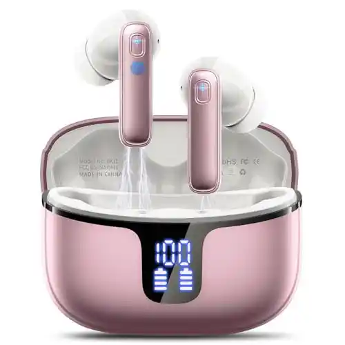 Auriculares Inalambricos, Auriculares Bluetooth 5.3 con HD Mic, 14.2 mm HiFi Sonido Audifonos Inalambricos, 40 Horas de Reproducción Cascos Inalámbricos, IP7 Impermeable, Control Táctil, Oro Rosa