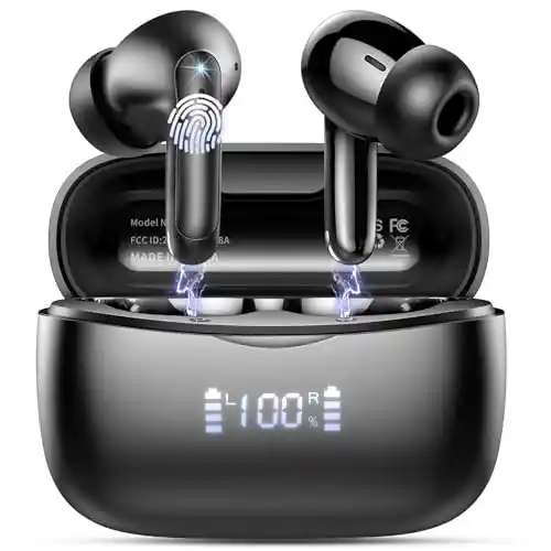 Auriculares Inalámbricos Bluetooth, Auriculares Bluetooth 5.3 HiFi Estéreo, 4 Mic con Reducción de Ruido, Impermeable, 56H/Pantalla LED/Carga Rápida USB-C, Negro