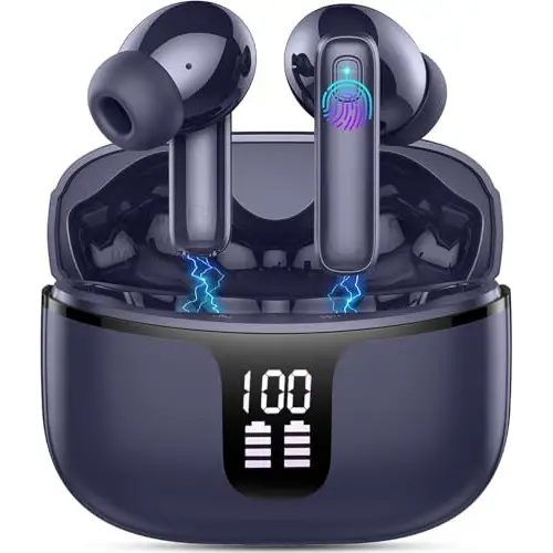 Auriculares Inalámbricos, Cascos Inalambricos Bluetooth 5.3 con 4 Reducción de Ruido ENC, 40H Auriculares Bluetooth Sonido Estéreo, IP7 Impermeable Audifonos Inalambricos para iOS Android, LED, Azul