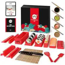 Aya Sushi Maker 3 - Utensilios Para Hacer Sushi – Tutoriales En Vídeo - Con Cuchillo De Sushi y Estera de bambú - 24 Piezas Para Hacer Sushi De Forma Fácil Y Divertida – Rollos De Maki Sushi - Nigiri