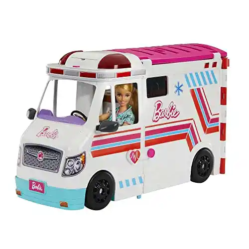 Barbie Clínica de cuidados Coche médico de Juguete para muñecas con Luces y Sonidos y Accesorios de Hospital, +3 años (Mattel HKT79)