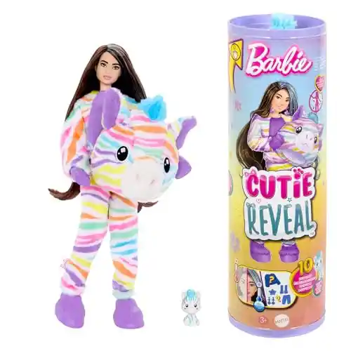 Barbie Cutie Reveal Muñeca con Disfraz de Cebra de Colores, con Peine, Mascota y Accesorios Sorpresa de Moda, Serie Sueños de Colores, Juguete +3 años (HRK39)