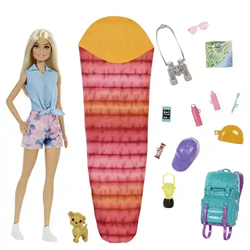 Barbie Muñeca Malibu It Takes Two de Acampada- con Cachorro, Mochila y Saco de Dormir - 10+ Accesorios - Muñeca: 29 cm - Regalo para Niños de 3-7 Años, HDF73