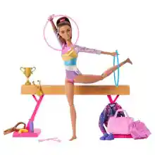 Barbie Tú Puedes ser Muñeca Gimnasta Morena con Set de Juego, Barra de Equilibrio y Accesorios de Gimnasia, Juguete +3 años (Mattel HRG53)