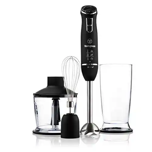 Batidora de mano 3 en 1 Westinghouse WKHB1518BK, con ajustes de velocidad, batidor, tazón picador, taza, ergonómica y con acabados en acero inoxidable.