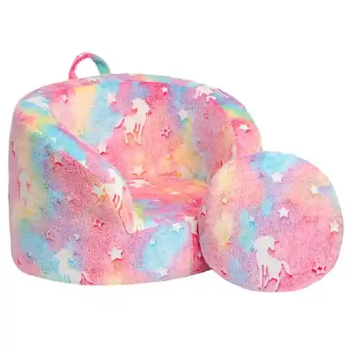 Sofá infantil acolchado con espuma Snug, para niños y niñas, algodón de azúcar con unicornios